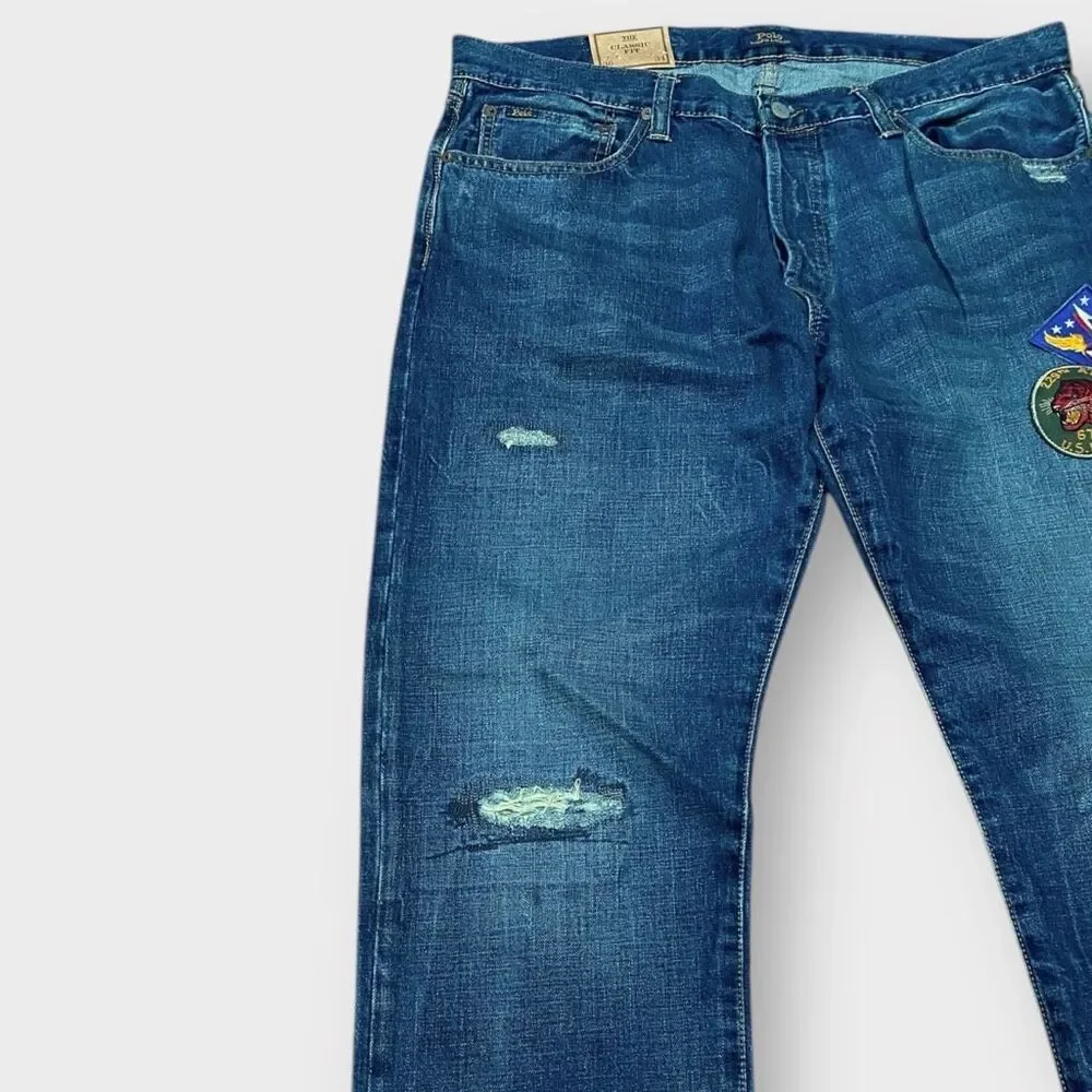 Polo Ralph Lauren Tiger Military Patch Patchwork Distressed Jeans size 36x34 New - Picture 2 of 14